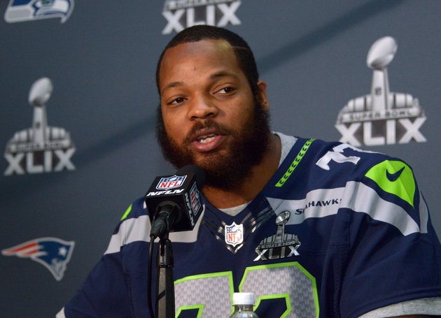 Jan 29, 2015; Phoenix, AZ, USA; Seattle Seahawks defensive end Michael Bennett at press conference at Arizona Grand in advance of Super Bowl XLIX. Mandatory Credit: Kirby Lee-USA TODAY Sports