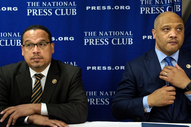 Rep. Keith Ellison(L) D-MN and Rep. Andre Carson (D-IN) wait to speak during a press conference about Islamophobia at the National Press Club May 24, 2016 in Washington, DC. / AFP / Brendan Smialowski (Photo credit should read BRENDAN SMIALOWSKI/AFP/Getty Images)